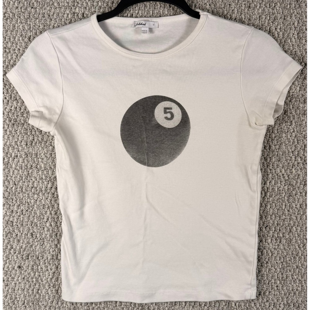 Subdued 8-Ball Graphic Baby Tee Medium White Slim Fit Y2K Skater Streetwear Tee